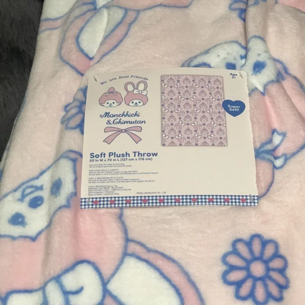 Monchhichi & Chimutan Pink Soft Plush Throw Blanket 50”x70” (127cmx178cm)